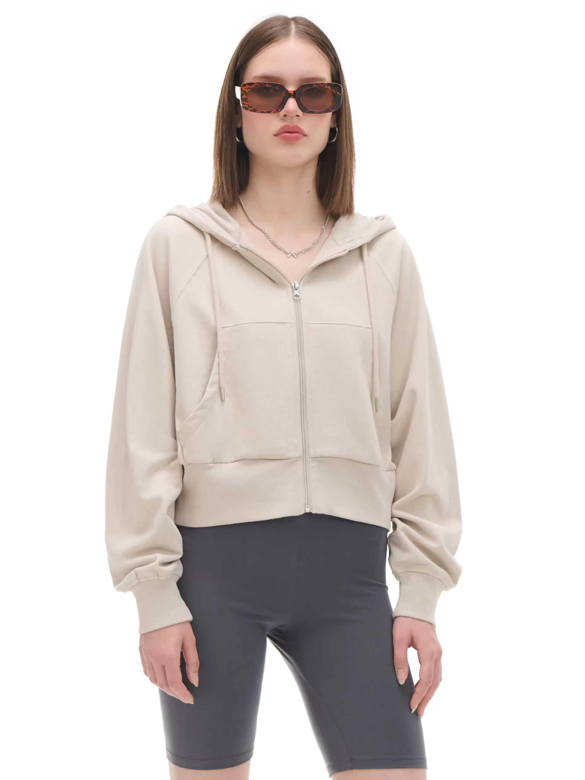 Cropp Bluzy | Beżowa rozpinana bluza z kapturem beżowy